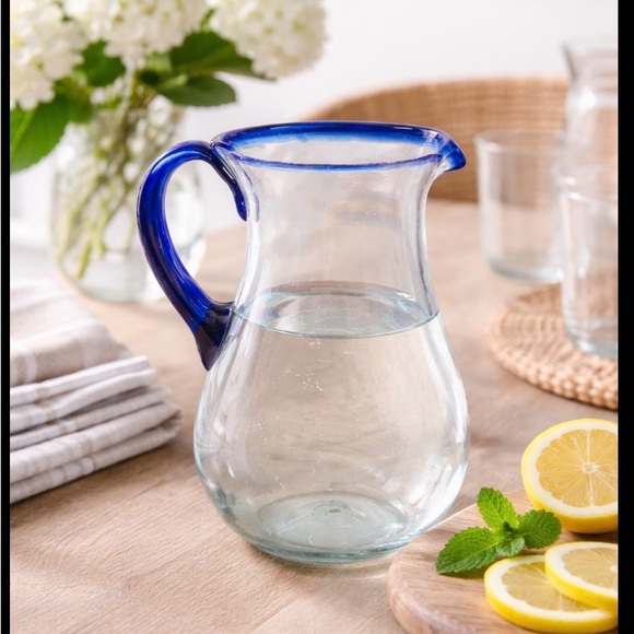Hand Blown Art Glass Pitcher Cobalt Blue Rim Studio Glass Decor Collectible Vase - Picture 10 of 16